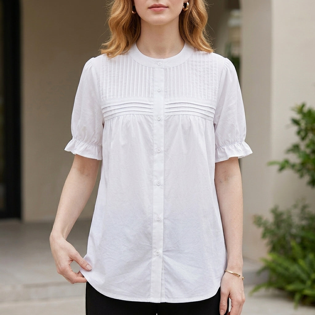Duttini | Vintage Pintuck Button-Front Puff Sleeve Blouse