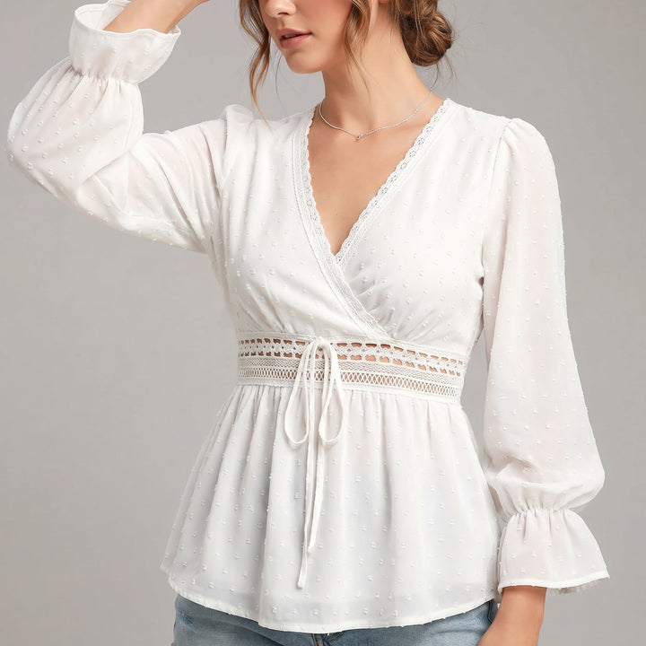 Duttini | Romantic V-Neck Wrap Blouse With Lace Detailing And Ruffled Sleeves