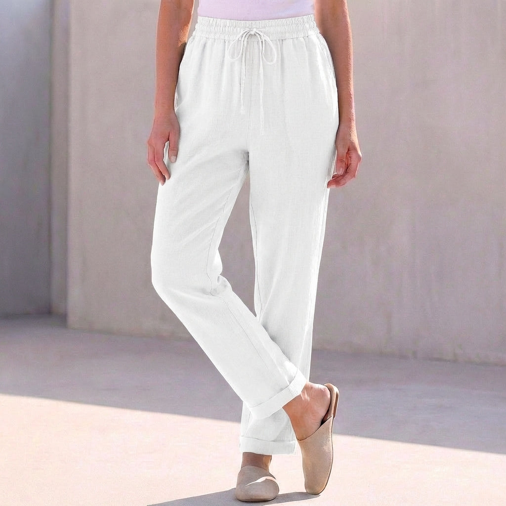 Duttini | Modern Relaxed Fit Cotton Linen Ankle-Length Pants With Drawstring Waist