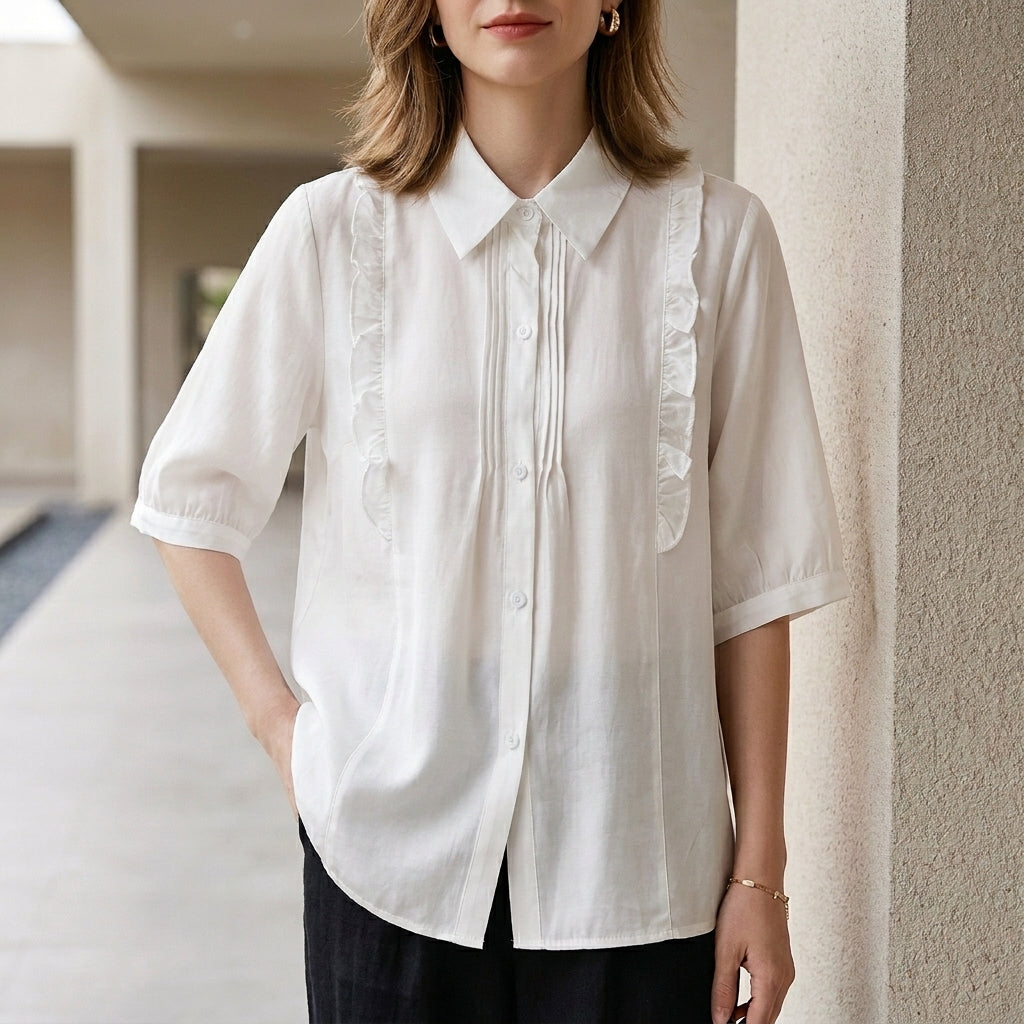 Duttini | Flowing Ruffle Detail Button-Up Blouse With Relaxed Elegant Fit