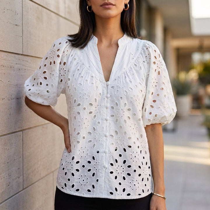 Duttini | Sophisticated Embroidered V-Neck Blouse With Voluminous Lantern Sleeves And Eyelet Detail
