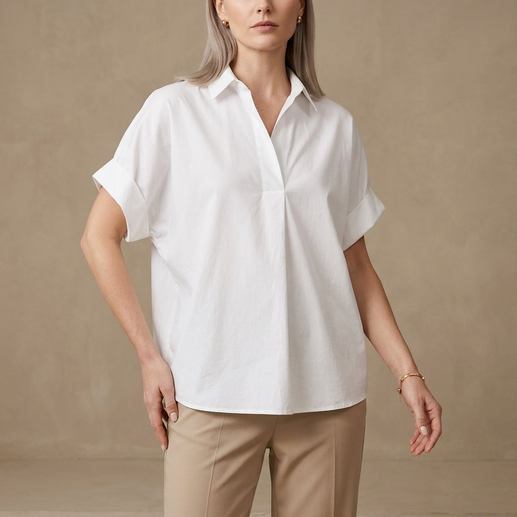 Duttini | Flowing Relaxed Oversized Collared Blouse With Rolled Short Sleeves