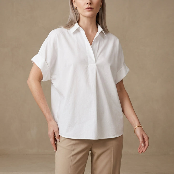 Duttini | Flowing Relaxed Oversized Collared Blouse With Rolled Short Sleeves