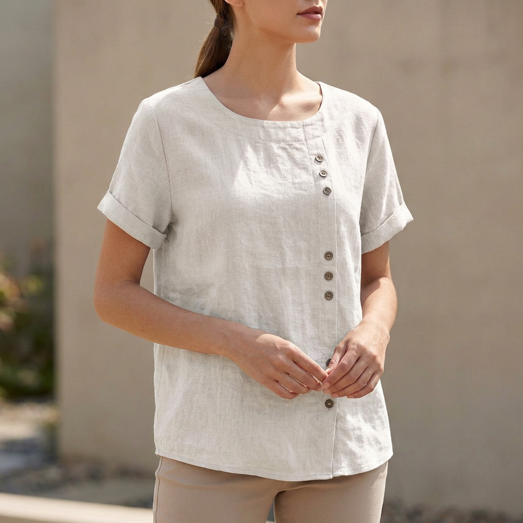 Duttini | Statement Relaxed Short Sleeve Blouse With Asymmetric Button Detail
