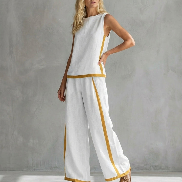 Duttini | Timeless Contemporary Sleeveless Two-Piece Set With Wide-Leg Trousers And Contrast Trim