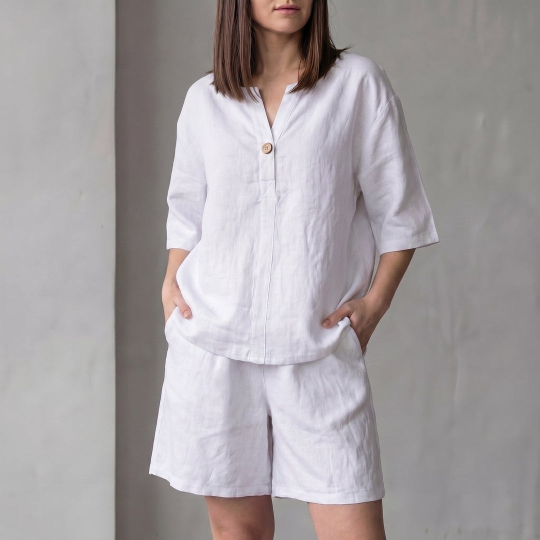 Duttini | Luxe Oversized Woven Two-Piece Set With V-Neck Shirt And High-Waist Shorts