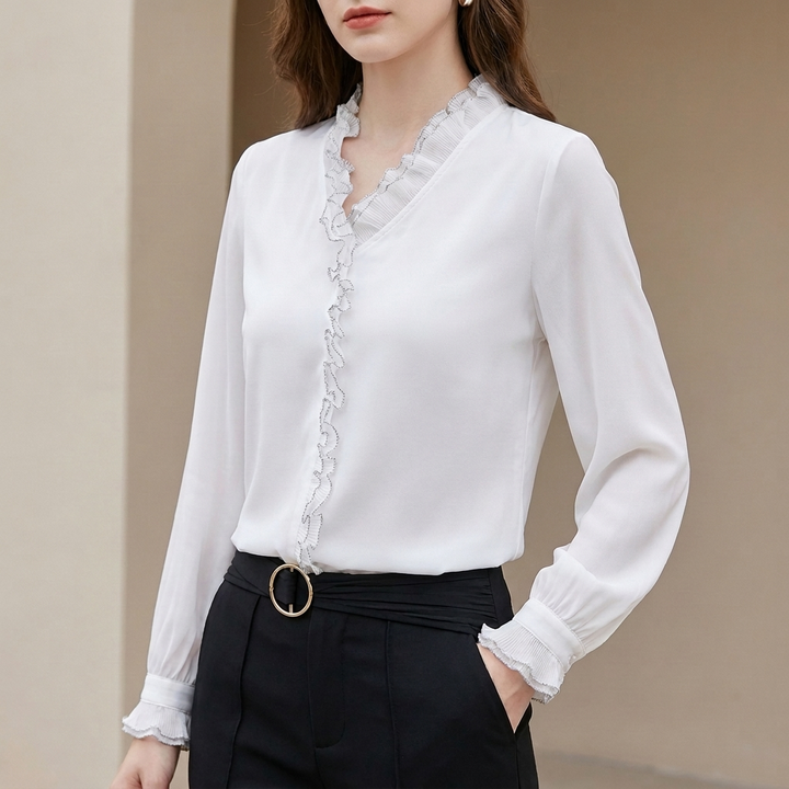 Duttini | Elegant Long Sleeve Sheer Chiffon Blouse With Ruffled V-Neckline
