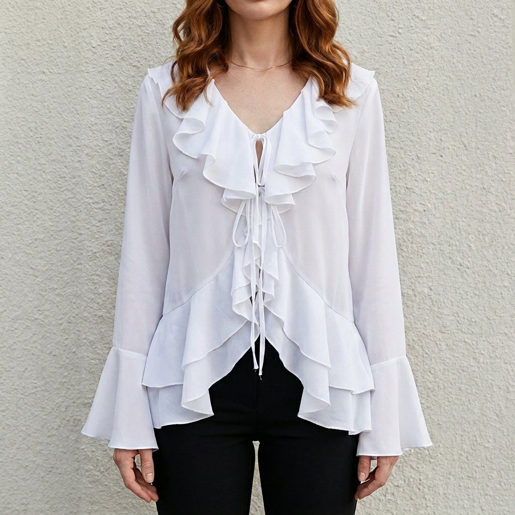 Duttini | Romantic Seaside Romance Ruffle Tie-Front Blouse