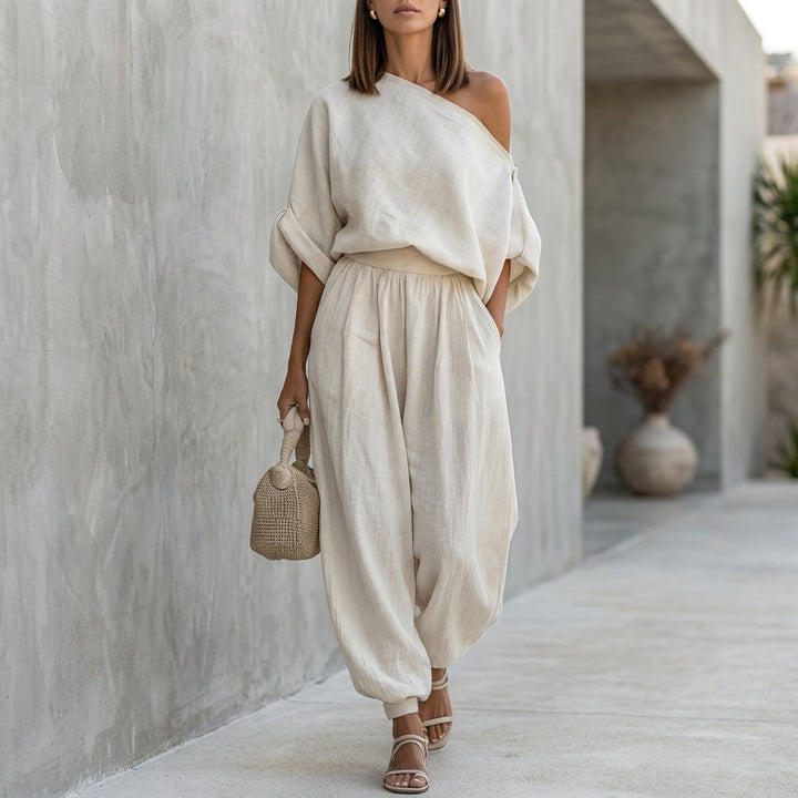 Duttini | Graceful Draped One-Shoulder Top With Voluminous Lantern Pants Set For Resort Chic