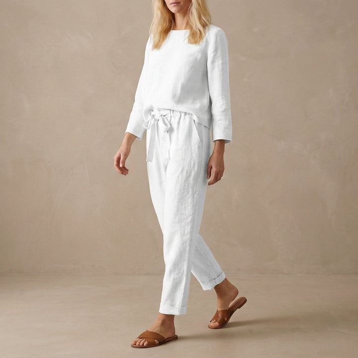 Duttini | Luxe Relaxed Linen Two-Piece Set With Boat Neck Blouse And Drawstring Pants
