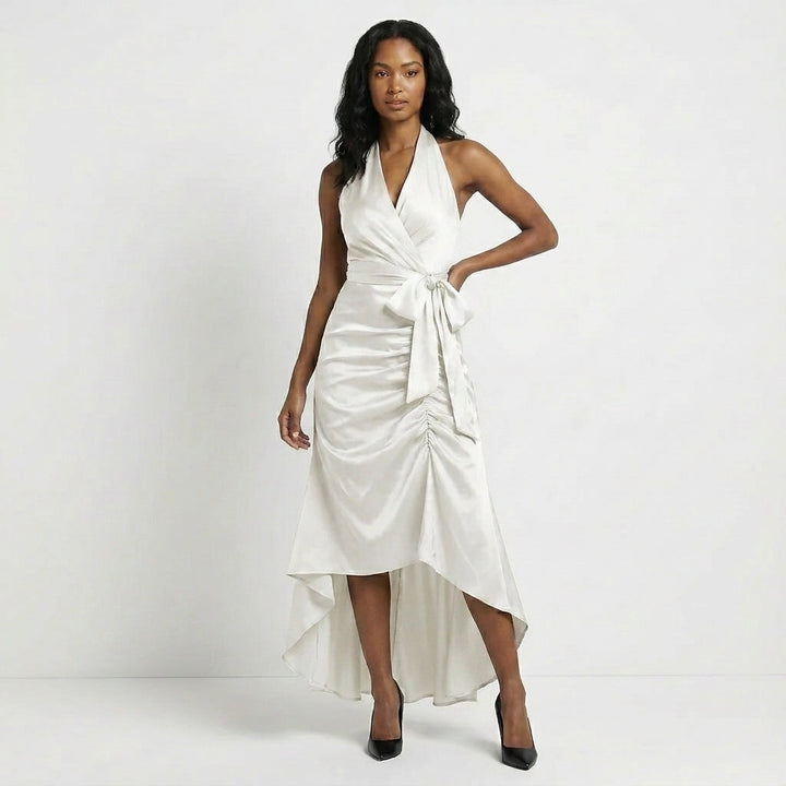 Duttini | Flowing Satin Halter Neck Wrap Maxi Dress With Bow Tie Waist And Ruffled Hem