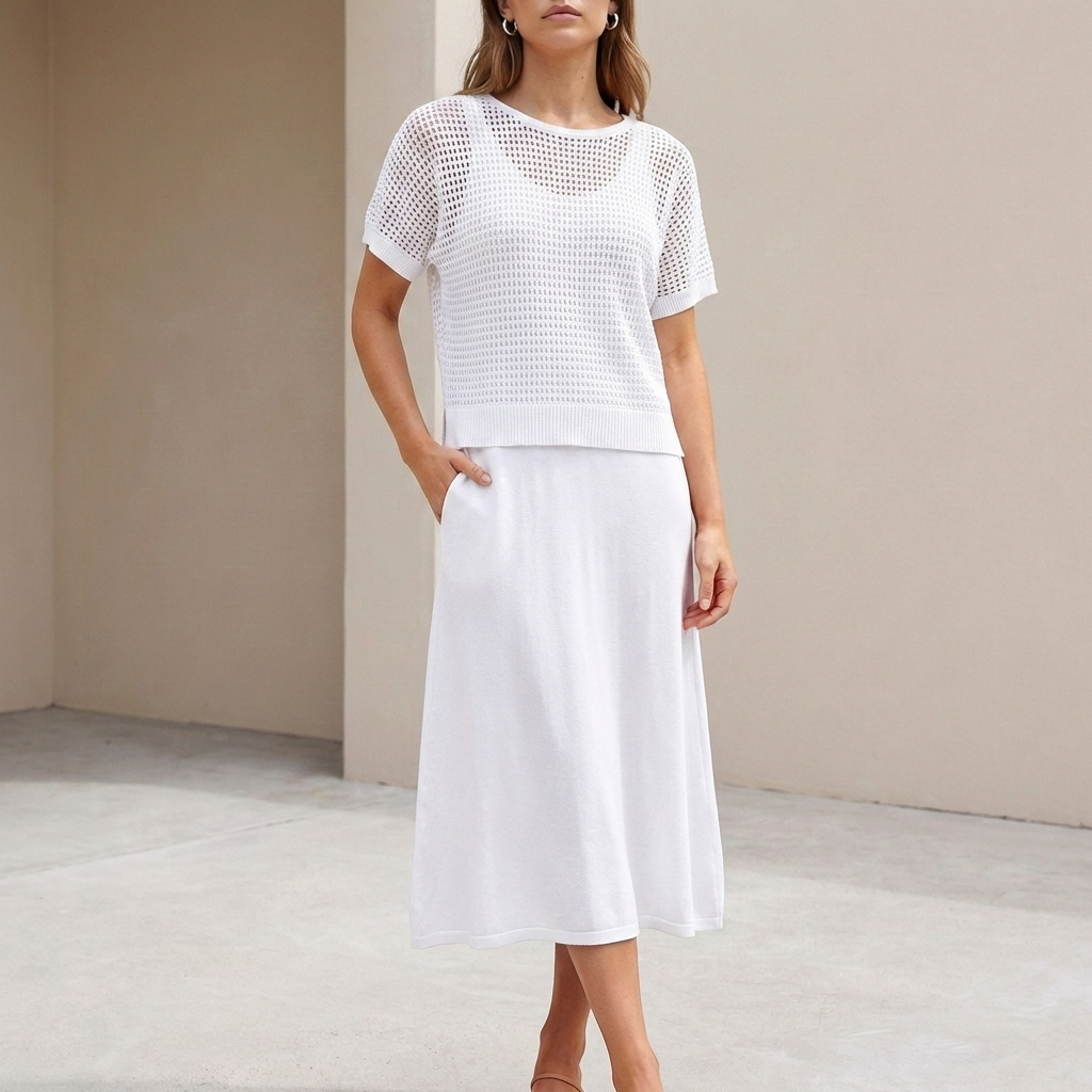 Duttini | Flowing Midi Dress And Cropped Open-Knit Mesh Top Set