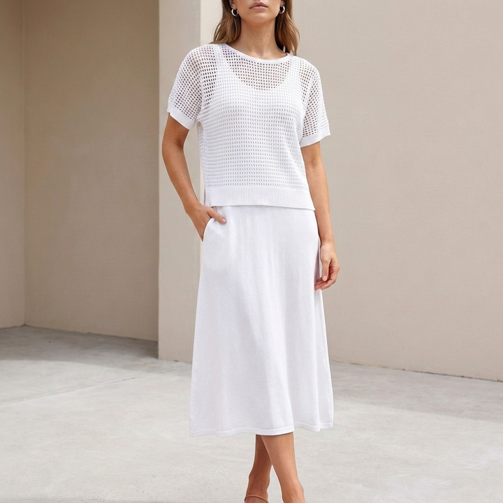 Duttini | Flowing Midi Dress And Cropped Open-Knit Mesh Top Set