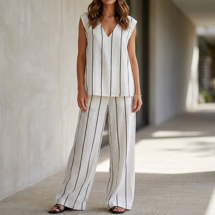 Duttini | Sophisticated Minimalist Striped Sleeveless Top And Wide-Leg Pant Set