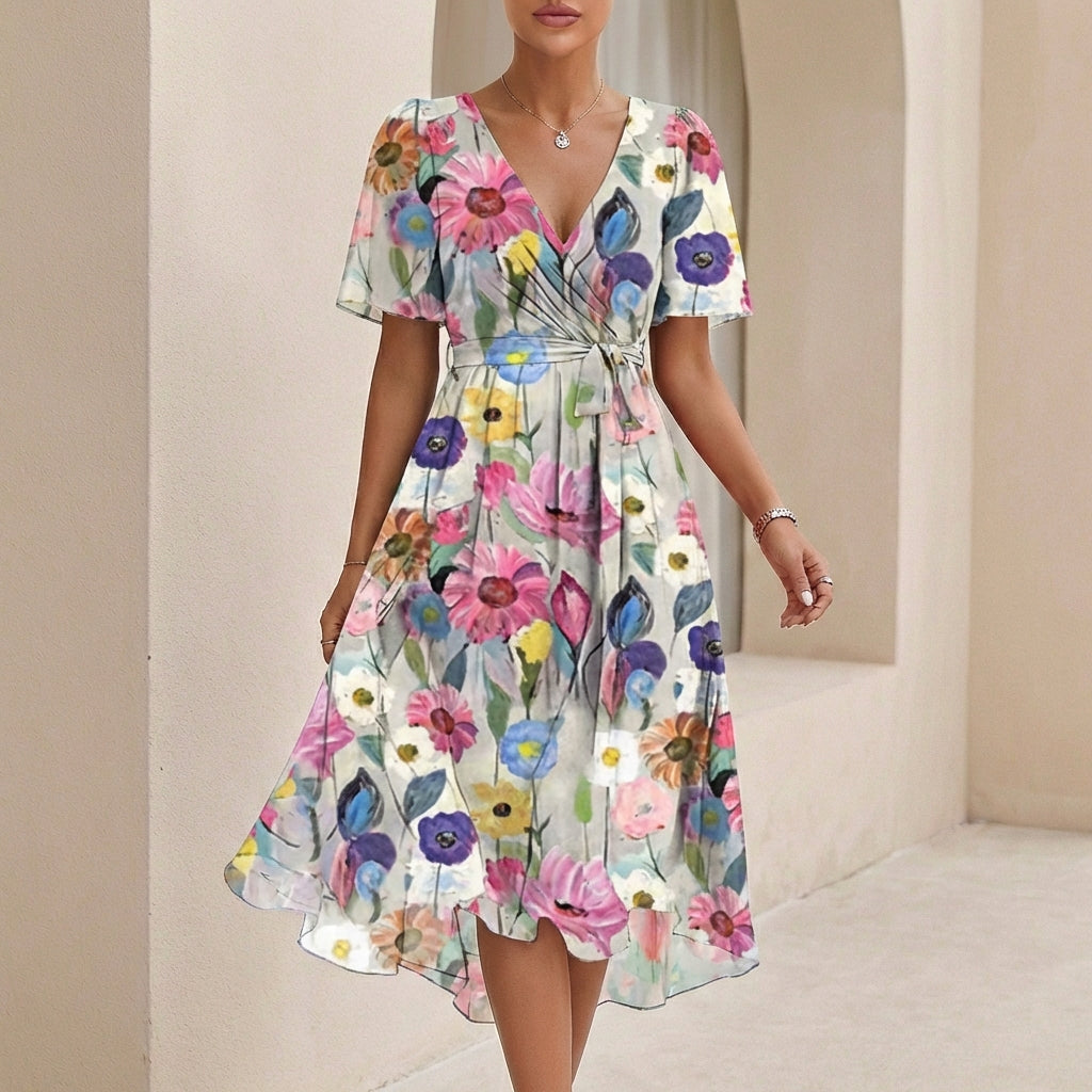 Duttini | Effortless Sofia Amoretti Flowing Chiffon Wrap Midi Dress With Tie Waist