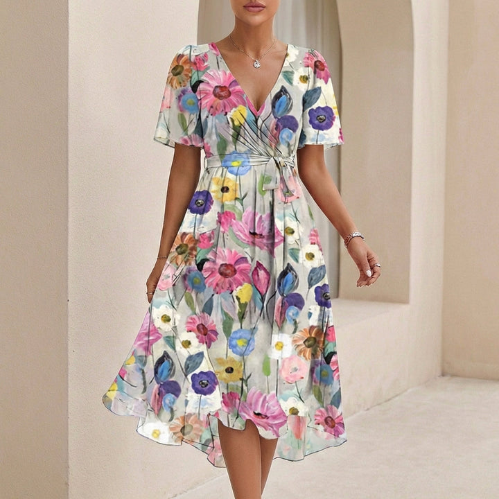 Duttini | Effortless Sofia Amoretti Flowing Chiffon Wrap Midi Dress With Tie Waist