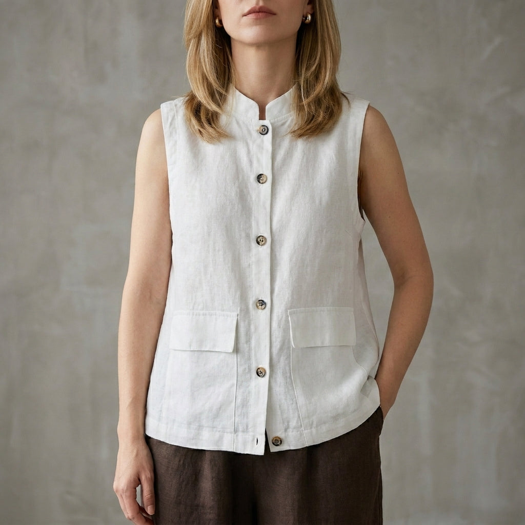 Duttini | Timeless Minimalist Button-Up Sleeveless Blouse With Relaxed Fit And Front Pockets