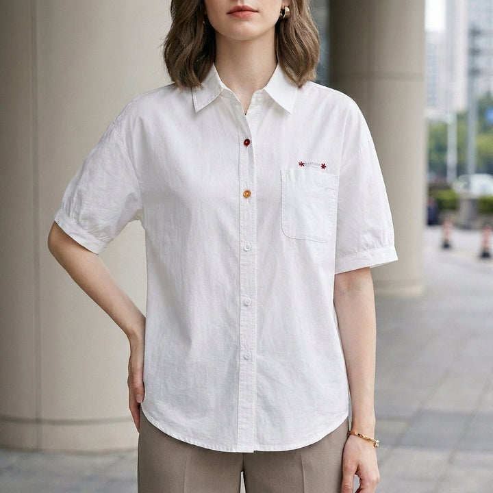 Duttini | Classic Puff Sleeve Button-Front Everyday Shirt Blouse