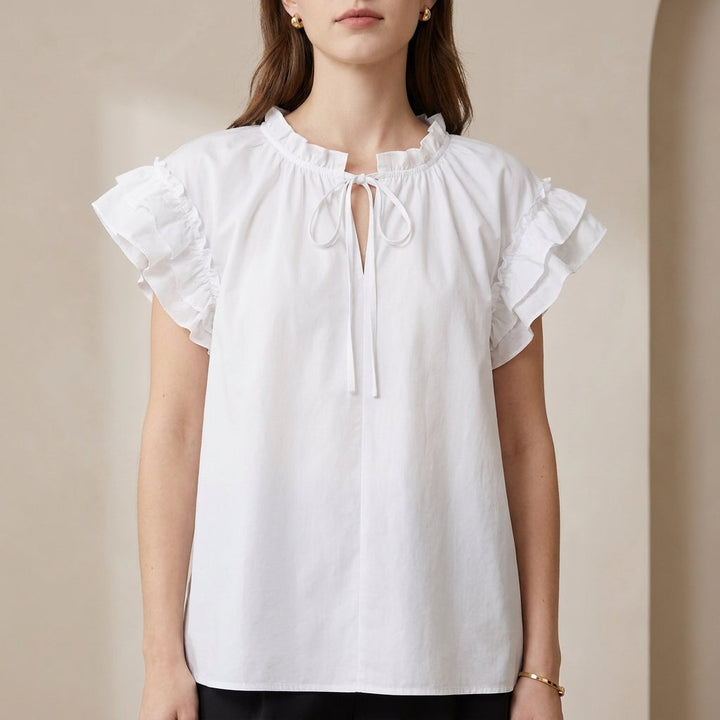 Duttini | Romantic Ruffle Sleeve Loose Blouse With Tiered Collar Tie Detail