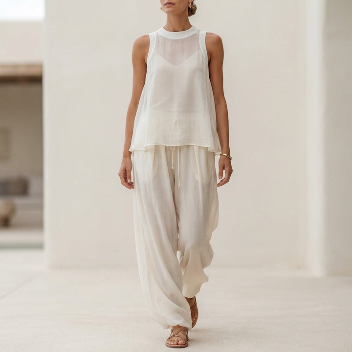 Duttini | Flowing Semi-Sheer Two-Piece Set With Draped Wide-Leg Trousers