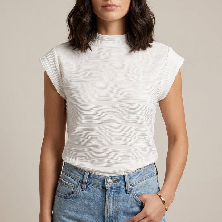 Duttini | Refined Textured Mock Neck Cap Sleeve Top With Sculpted Silhouette