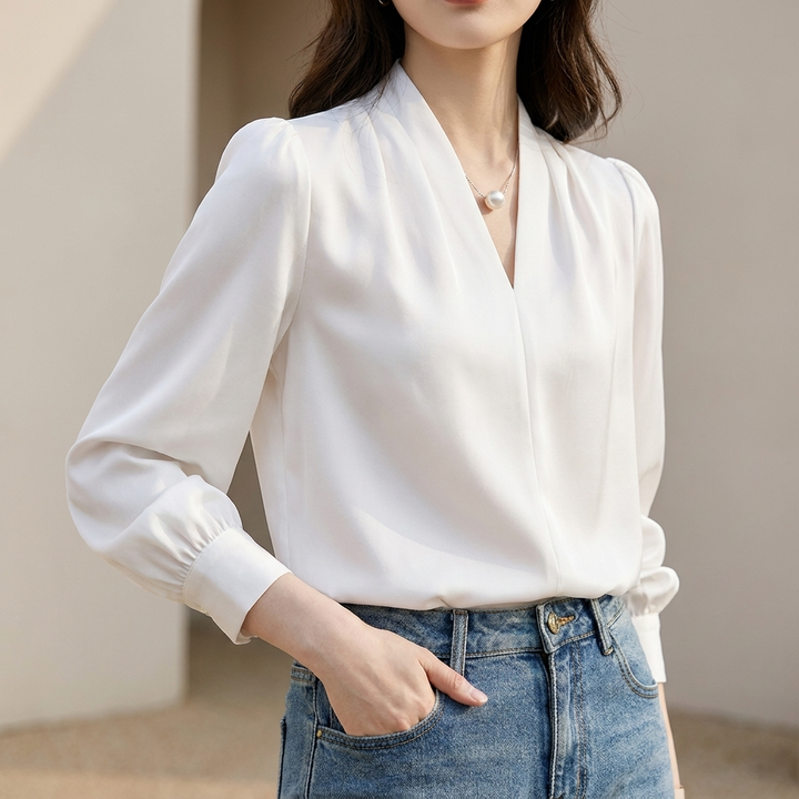 Duttini | Sophisticated Tailored V-Neck Puff Sleeve Blouse With Pleated Shoulders