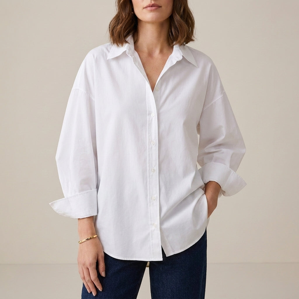 Duttini | Flowing Relaxed Oversized Button-Up Shirt With Rolled Sleeve Detail