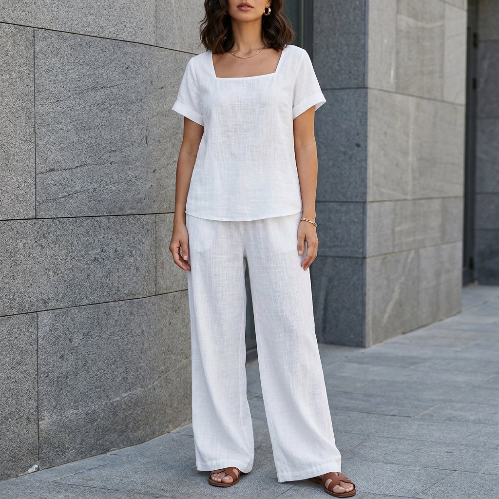 Duttini | Graceful Coastal Breeze Relaxed Top And Wide-Leg Pant Set