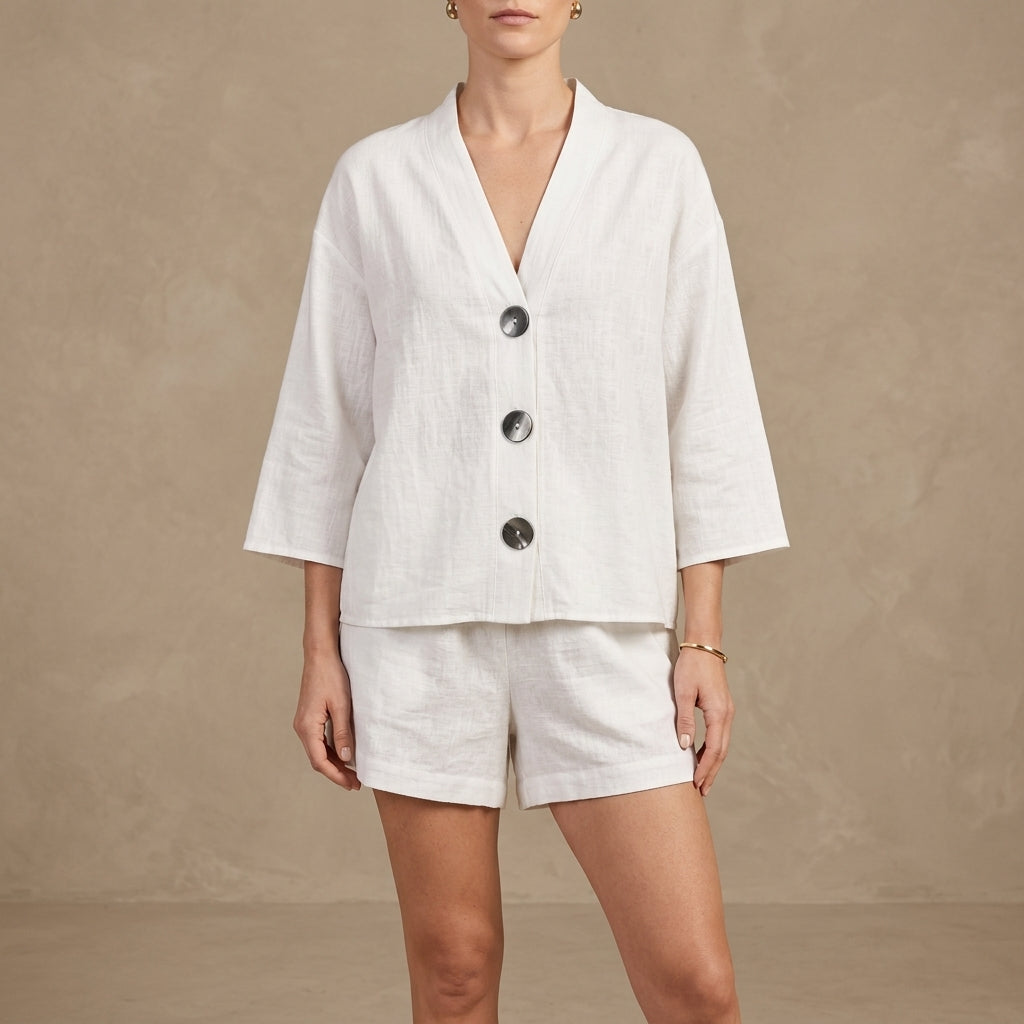 Duttini | Elegant Oversized Button Detail Lounge Set With Relaxed Shorts
