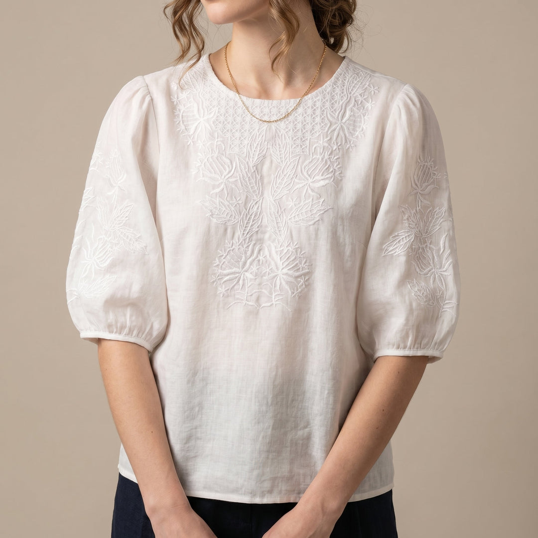 Duttini | Statement Relaxed Woven Top With Intricate Floral Embroidery And Puff Sleeves