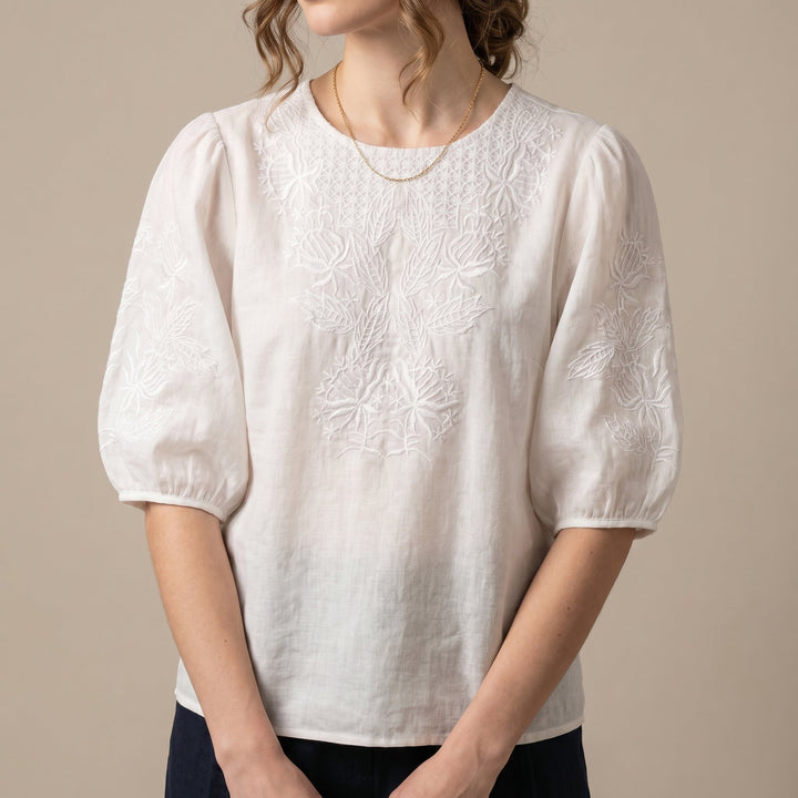Duttini | Statement Relaxed Woven Top With Intricate Floral Embroidery And Puff Sleeves