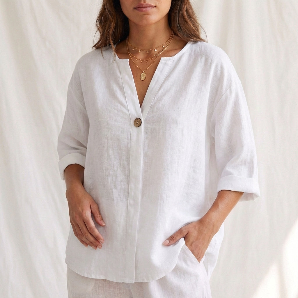 Duttini | Flowing Cotton Linen V-Neck Blouse With Button Front And Cuffed Sleeves