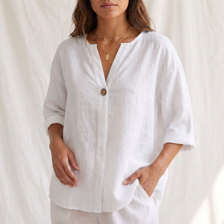 Duttini | Flowing Cotton Linen V-Neck Blouse With Button Front And Cuffed Sleeves