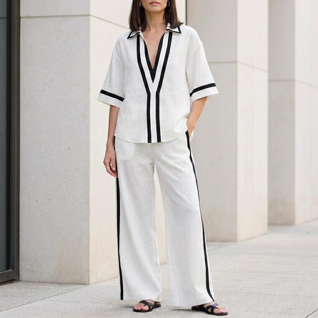 Duttini | Modern Coastal Chic Contrast Trim Top And Wide-Leg Pants Set