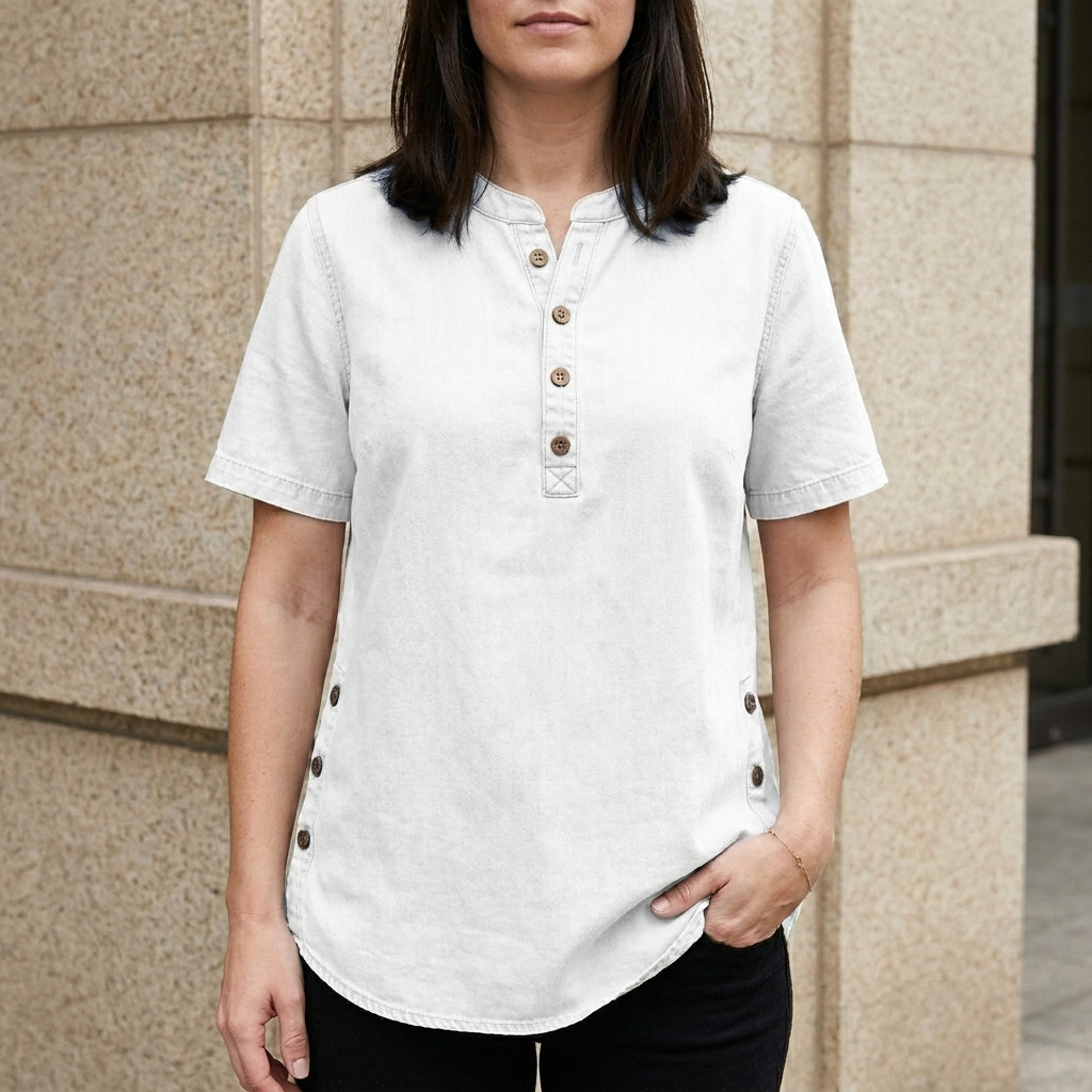 Duttini | Feminine Relaxed Button-Front Denim Look Tunic Top