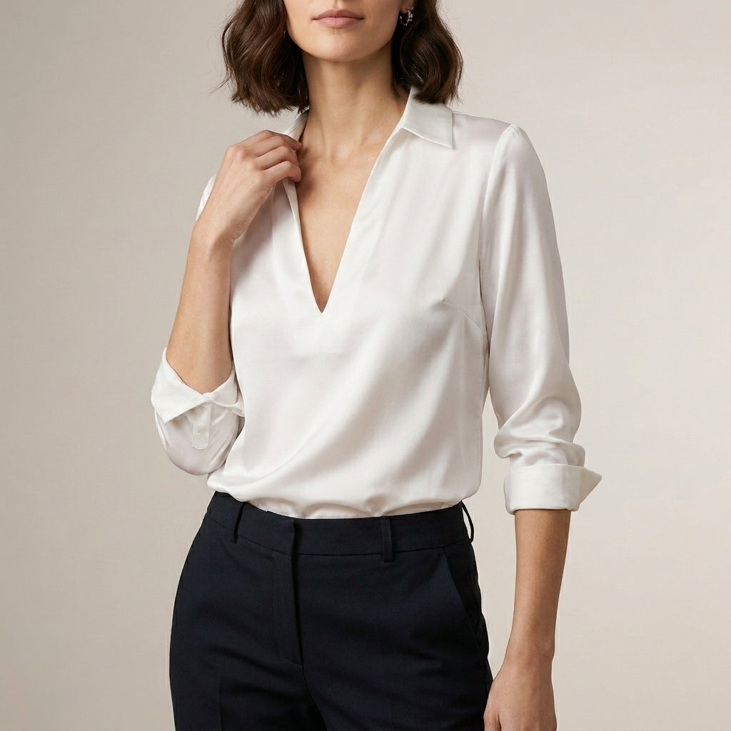 Duttini | Effortless Tailored V-Neck Blouse With Spread Collar And Lustrous Finish