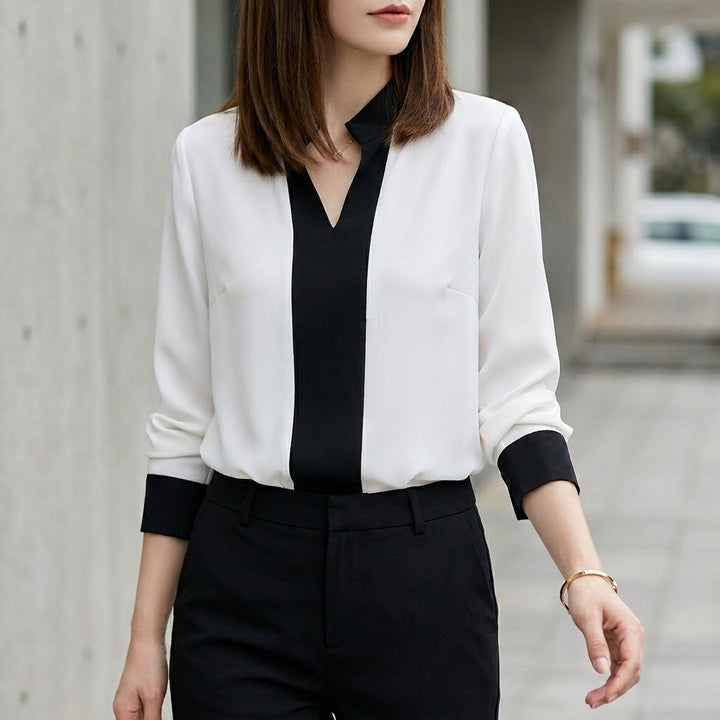 Duttini | Effortless Tailored Color-Block Chiffon Blouse With Stand Collar And V-Neck