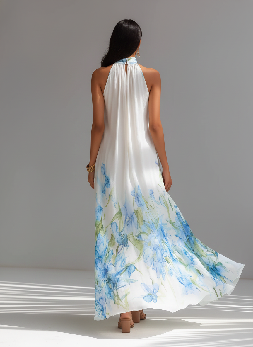Duttini | White Chiffon Halter Neck Evening Dress