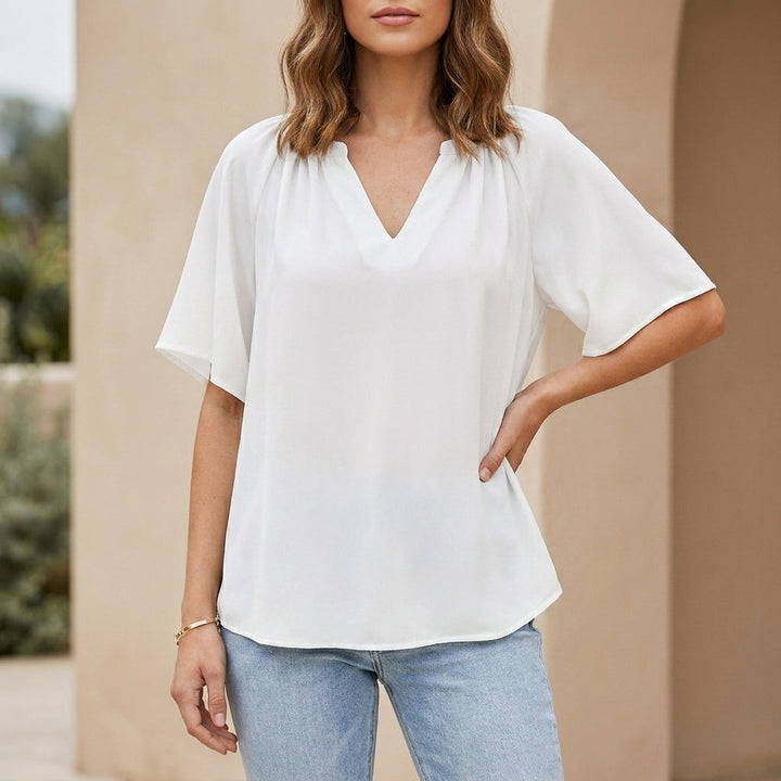 Duttini | Sculpted Relaxed V-Neck Blouse With Gathered Neckline And Flutter Sleeves