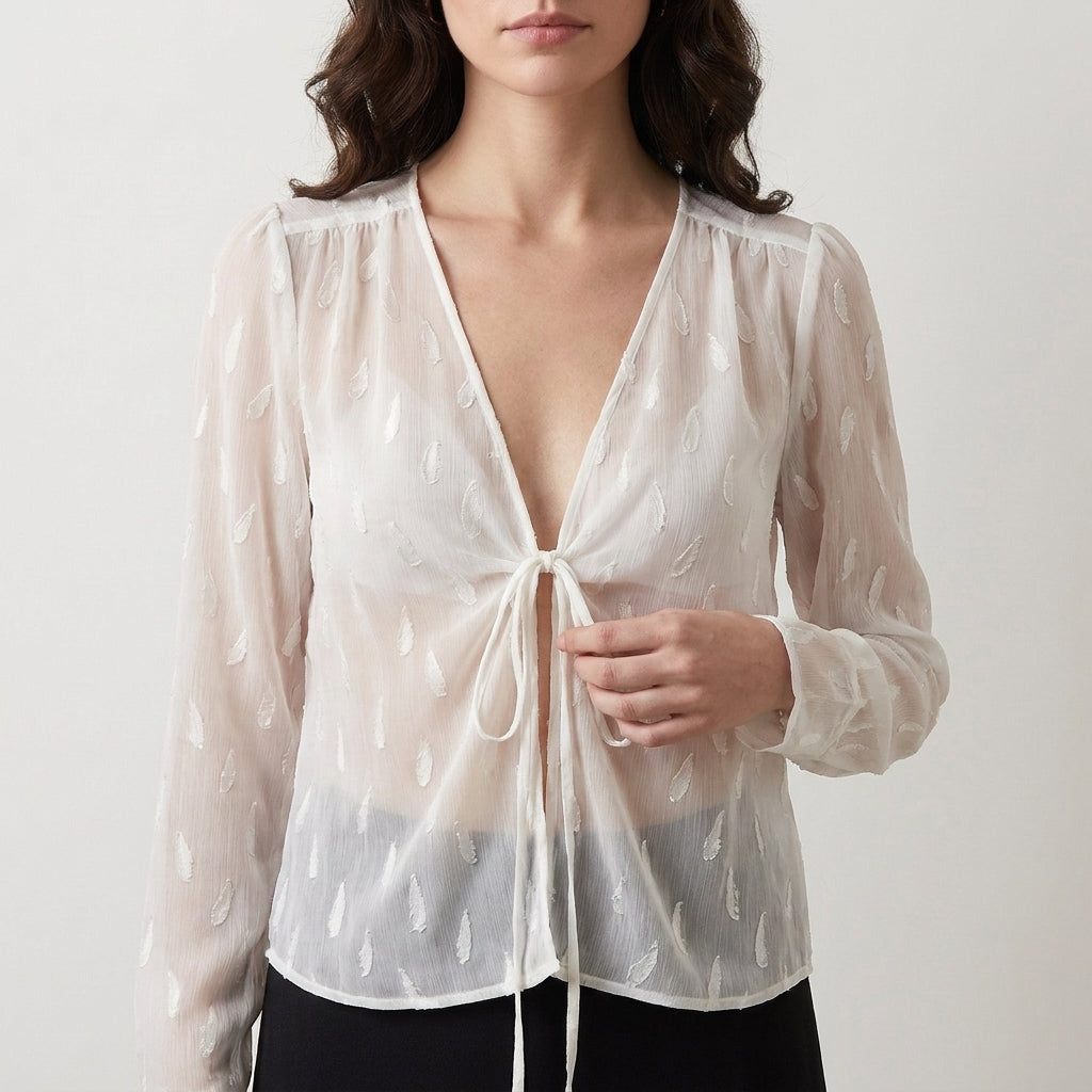 Duttini | Flowing Tie Front Long Sleeve Sheer Blouse