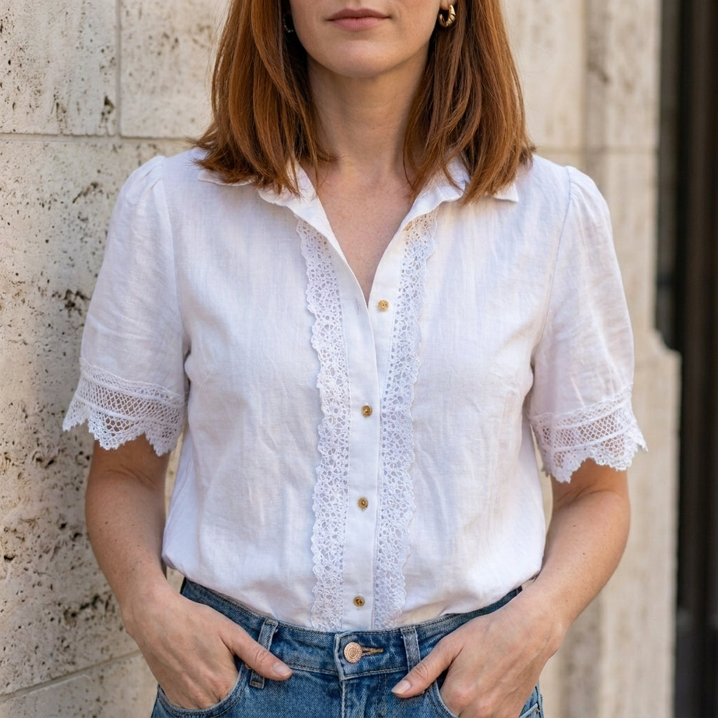 Duttini | Sophisticated Lace Trim Button-Front Romantic Blouse