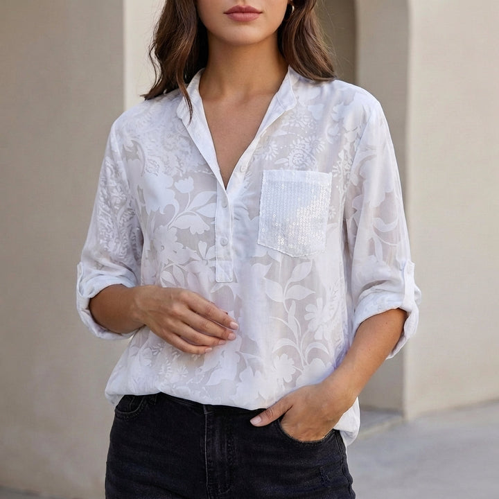 Duttini | Statement Relaxed Floral Burnout Blouse With Adjustable Roll-Tab Sleeves