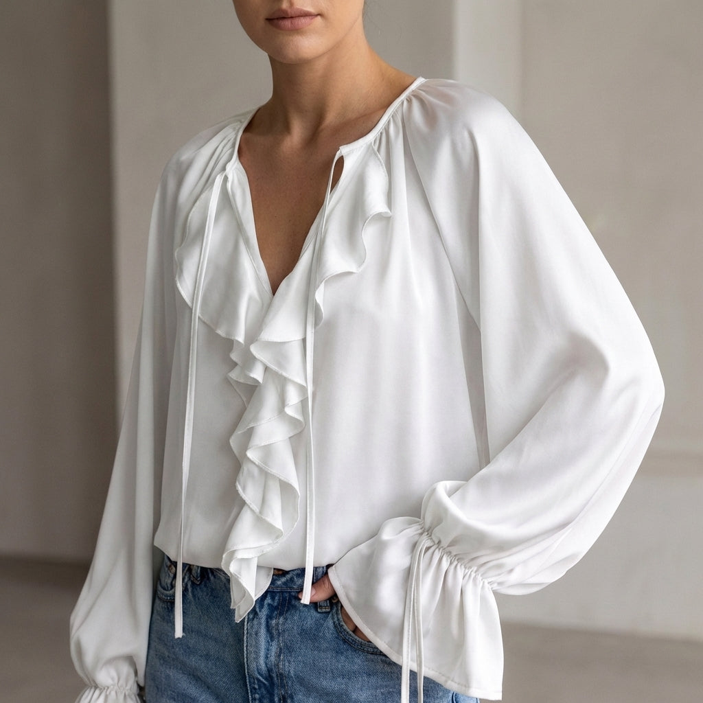 Duttini | Modern Relaxed Ruffled Horn Sleeve Blouse With Lace-Up V-Neck Detail