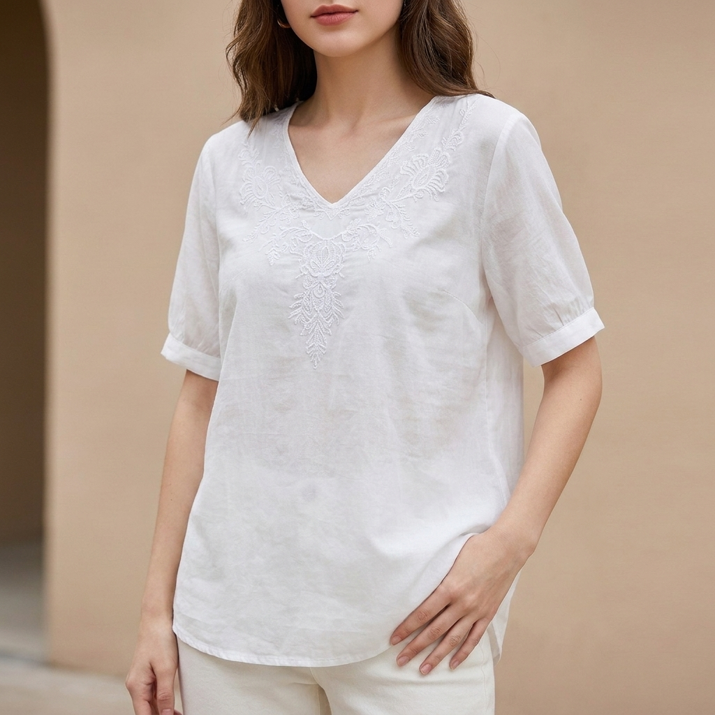 Duttini | Graceful Embroidered V-Neck Blouse With Textured High-Low Hem And Soft Draping