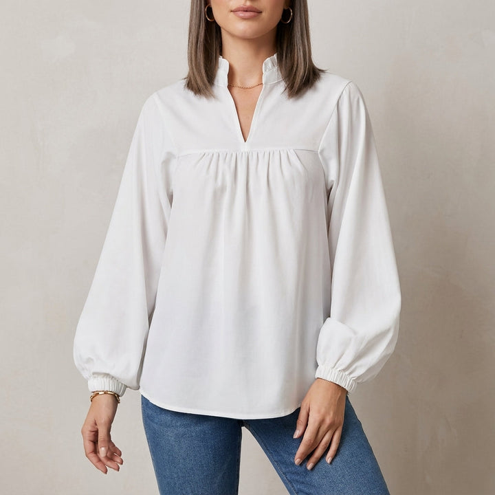 Duttini | Sculpted Relaxed Fit Puff Sleeve Blouse With Ruffled Split Neckline