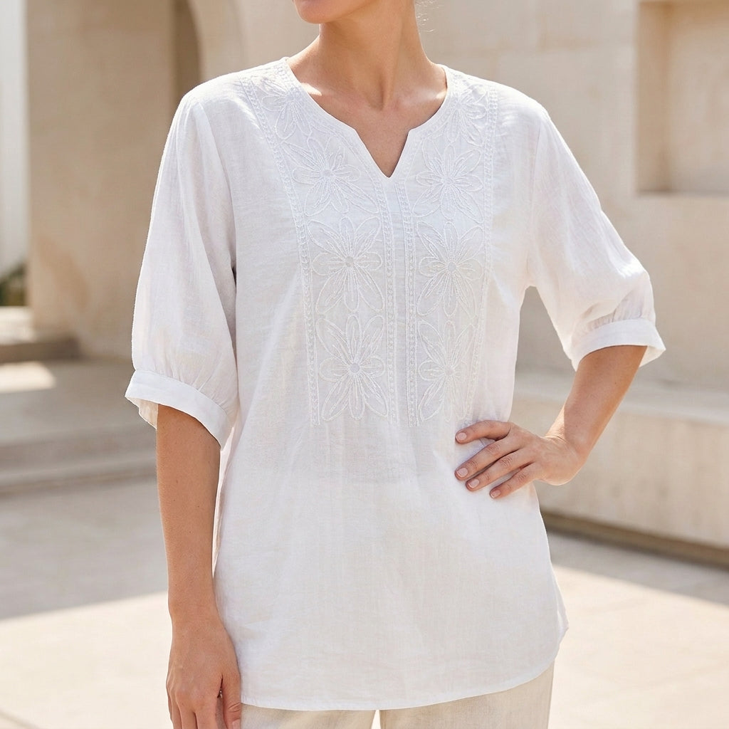 Duttini | Elegant Relaxed Woven Blouse With Notched V-Neckline And Floral Embroidery