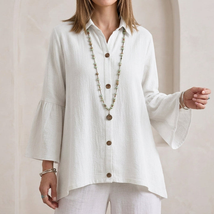 Duttini | Feminine Relaxed Fit Textured Button-Down Blouse With Flared Bell Sleeves
