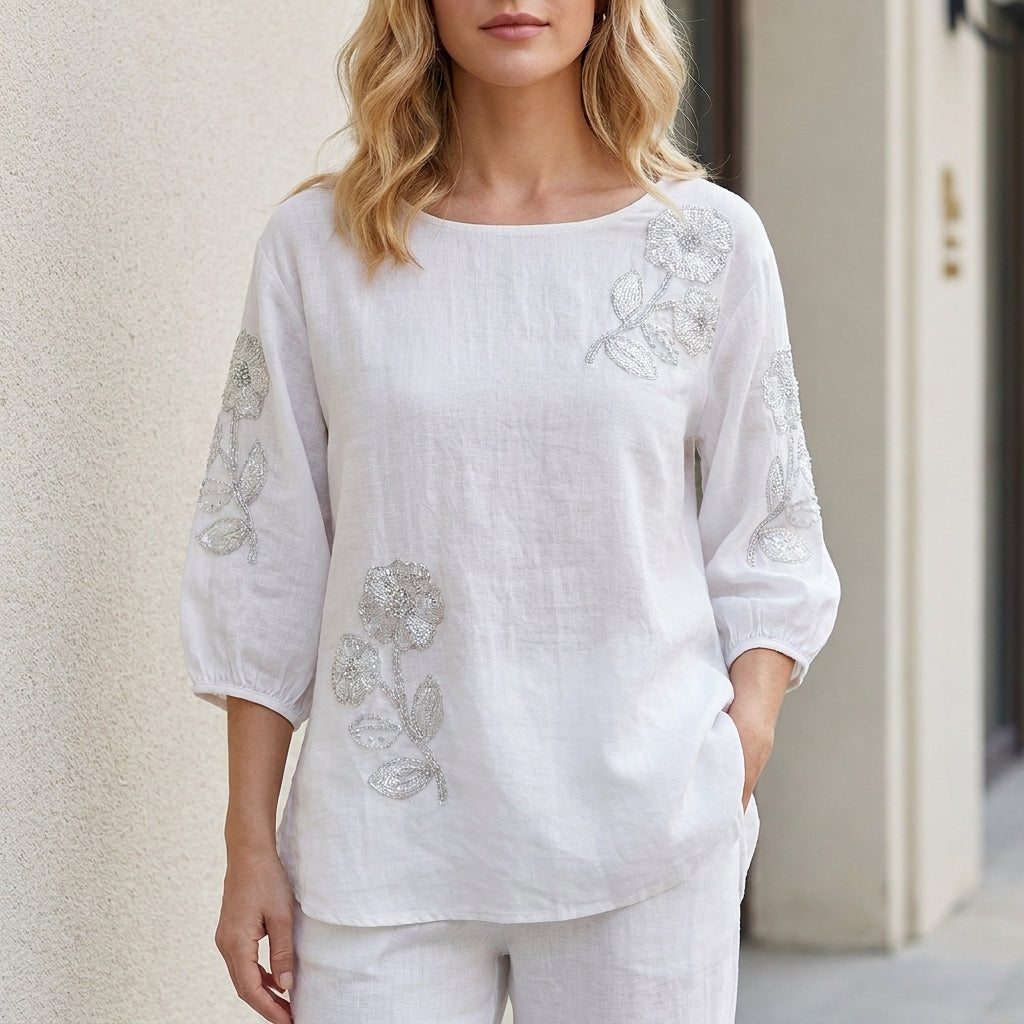 Duttini | Modern Blooming Grace Embroidered Relaxed Tunic Blouse