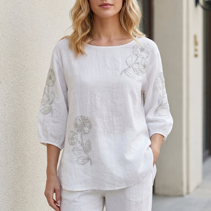 Duttini | Modern Blooming Grace Embroidered Relaxed Tunic Blouse