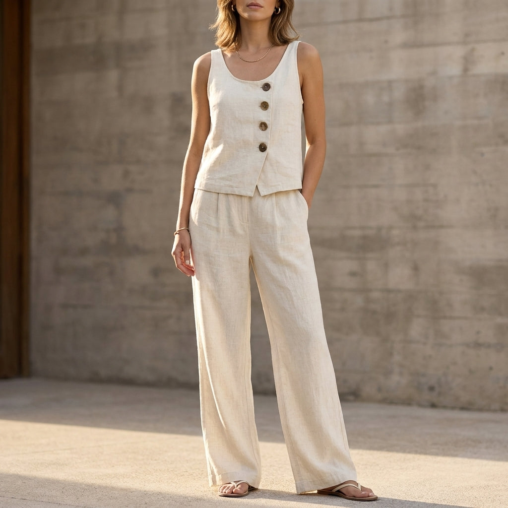 Duttini | Luxe Relaxed Sleeveless Two-Piece Set With Decorative Buttons And Wide-Leg Trousers